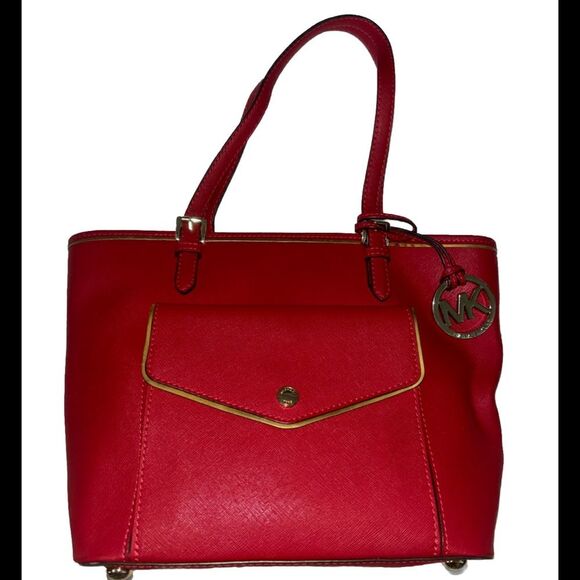 Michael Kors Leather Snap Pocket Tote Red Handbag - Picture 2 of 16